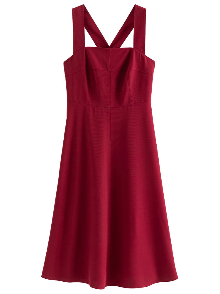 French Style Suspender Dress for Women Summer Chic Style Red Square Collar Slim Mid-length Elegant Dress