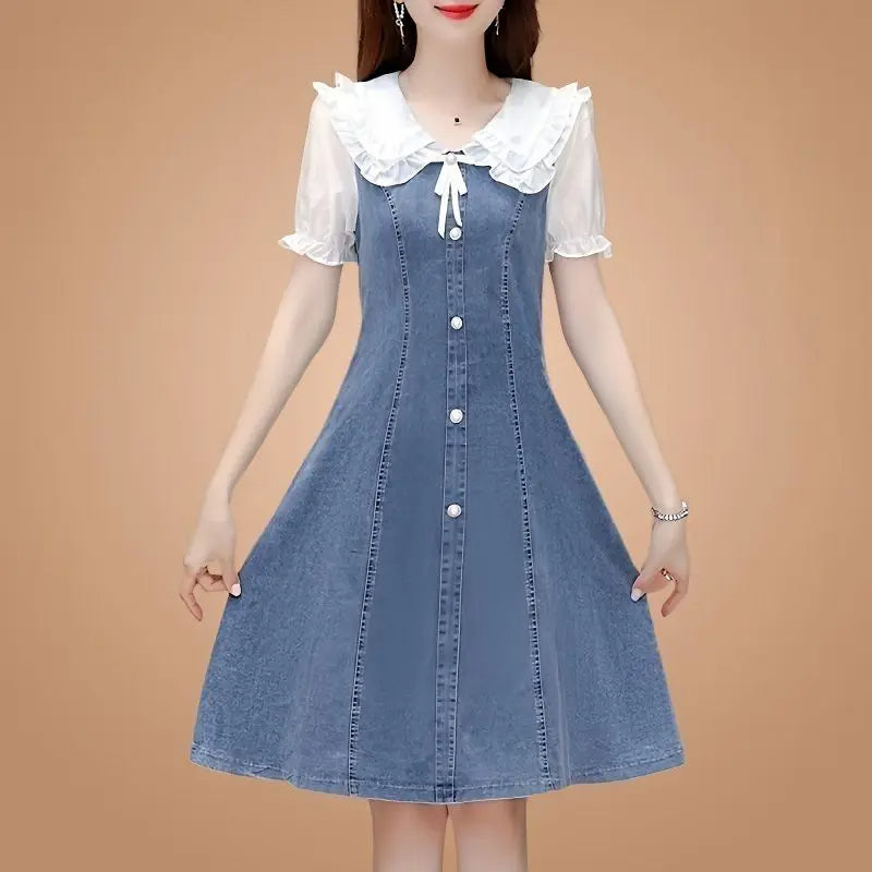 Stylish Bubble Sleeve Waist-Cinching Denim Dress