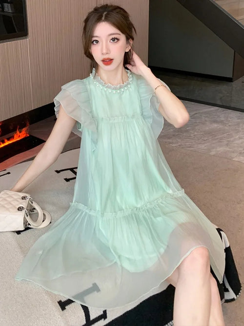 Blue Chiffon Elegant Sweet Dress Women Summer Beach Beading Casual Party Mini Fairy Dress Korean One-piece Dress