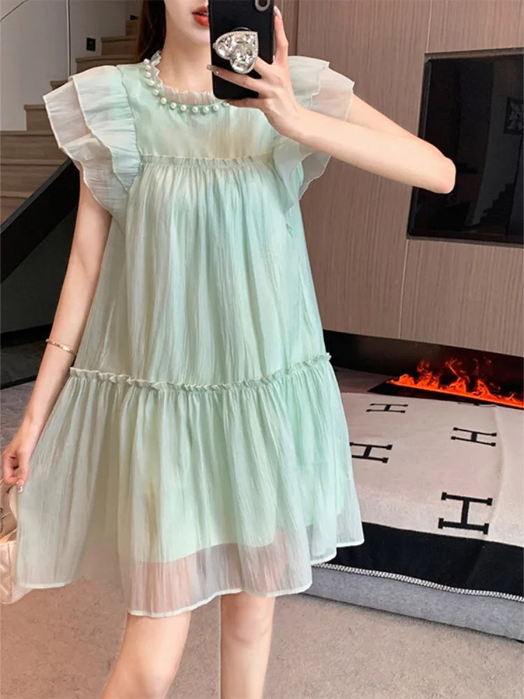 Blue Chiffon Elegant Sweet Dress Women Summer Beach Beading Casual Party Mini Fairy Dress Korean One-piece Dress