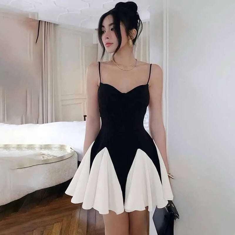 Color Block Spliced Short Dress Fashion Strapless Backless Ruffled Dress