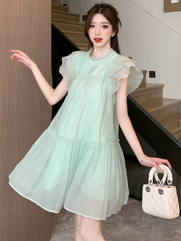 Blue Chiffon Elegant Sweet Dress Women Summer Beach Beading Casual Party Mini Fairy Dress Korean One-piece Dress