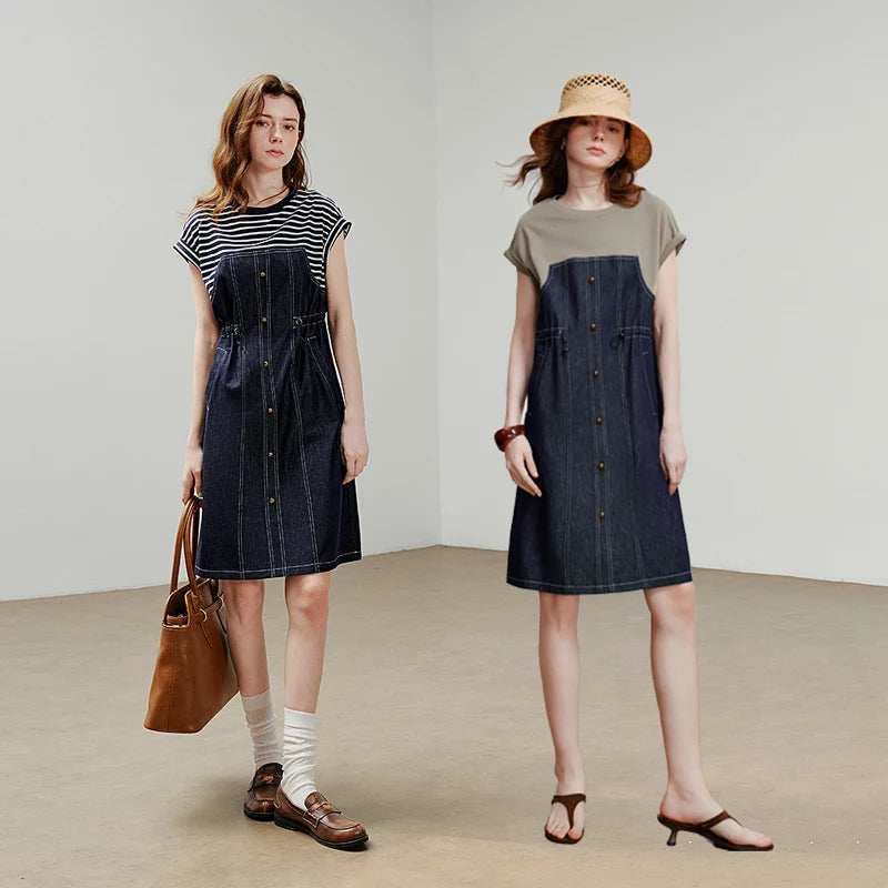Women Dress 2025 Summer New Splicing Acetic Acid Women's Waist Cinched Denim Dress