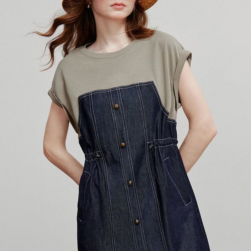 Women Dress 2025 Summer New Splicing Acetic Acid Women's Waist Cinched Denim Dress