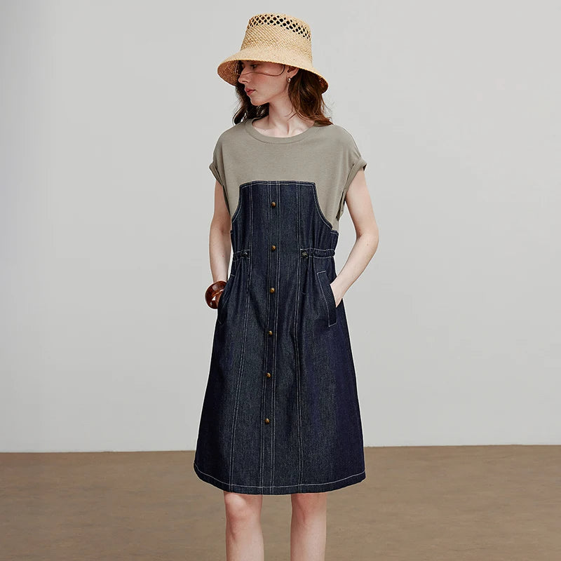 Women Dress 2025 Summer New Splicing Acetic Acid Women's Waist Cinched Denim Dress