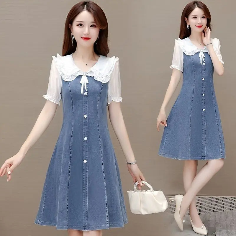 Stylish Bubble Sleeve Waist-Cinching Denim Dress