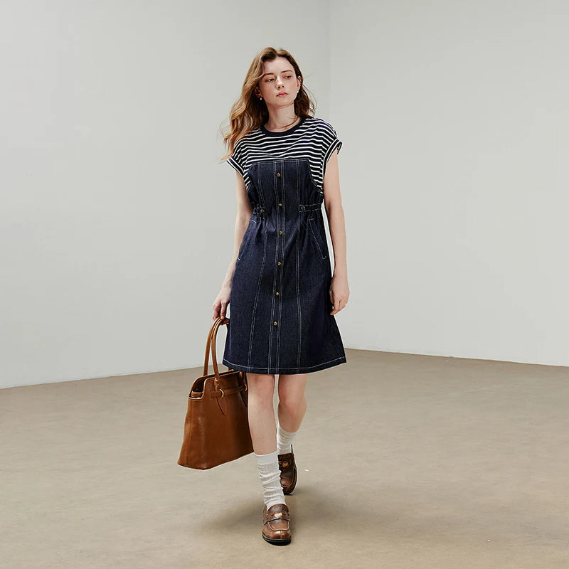 Women Dress 2025 Summer New Splicing Acetic Acid Women's Waist Cinched Denim Dress