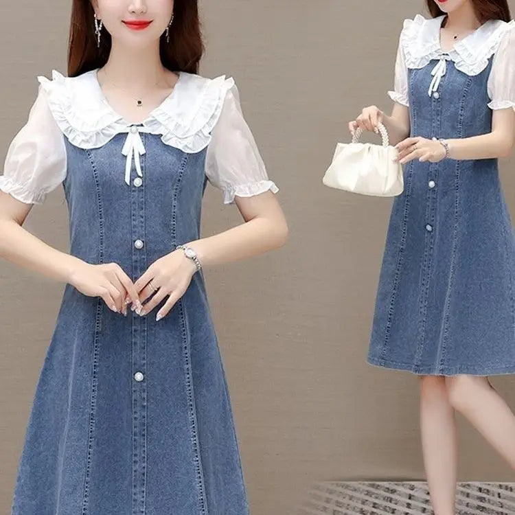 Stylish Bubble Sleeve Waist-Cinching Denim Dress