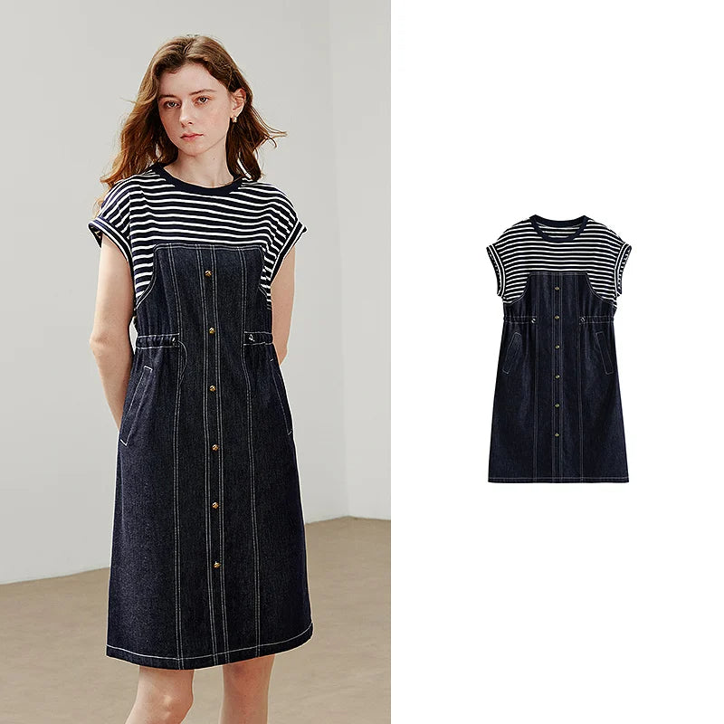 Women Dress 2025 Summer New Splicing Acetic Acid Women's Waist Cinched Denim Dress