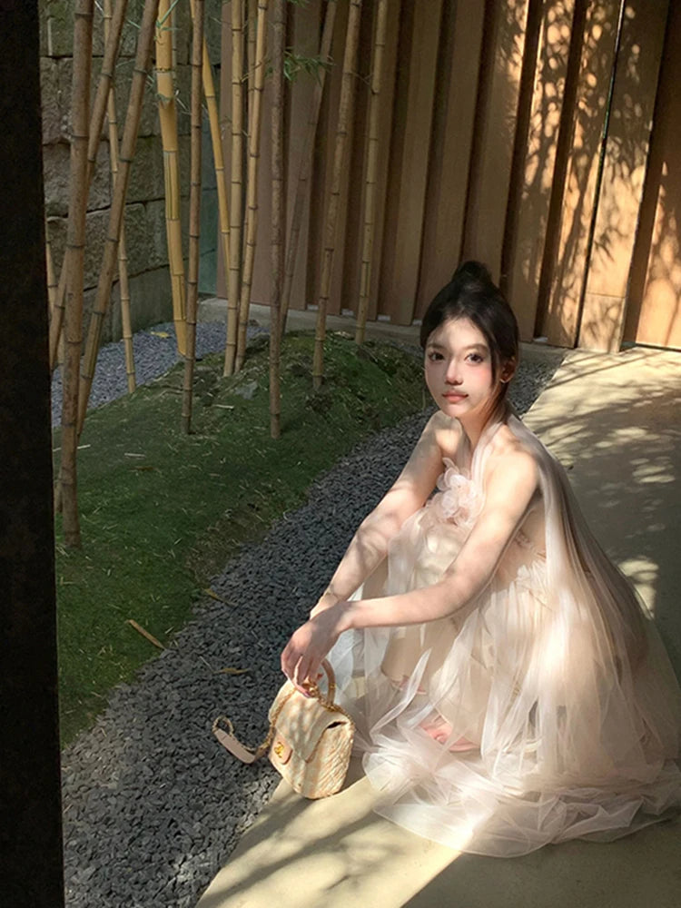 Summer Women Pink Halter Mesh Bow Bandage Long Dresses New Elegant Sleeveless Backless Robe Fashion Slim Ruffles Fairy Sundress