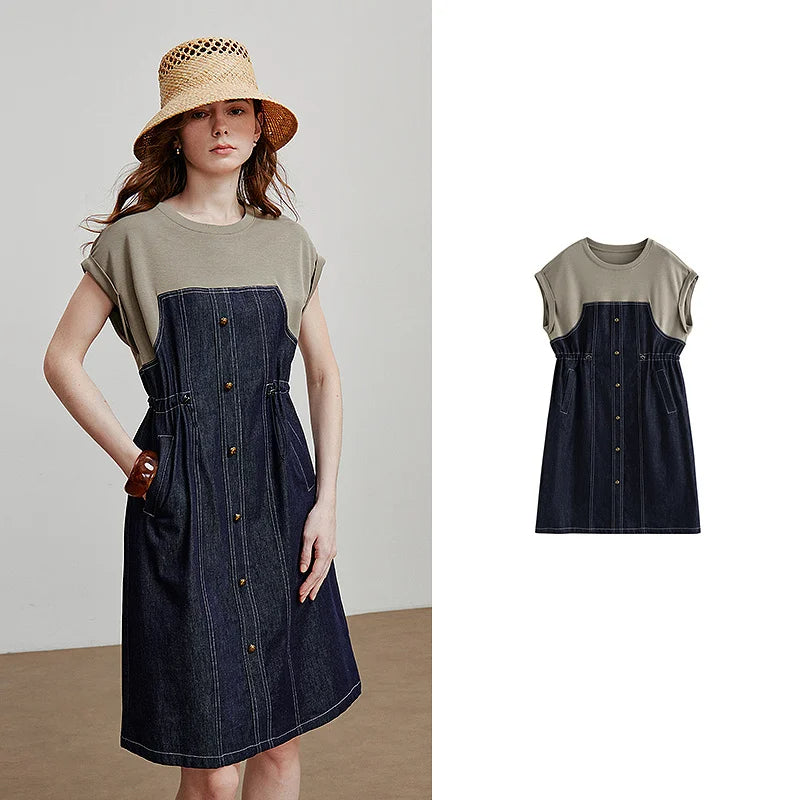 Women Dress 2025 Summer New Splicing Acetic Acid Women's Waist Cinched Denim Dress