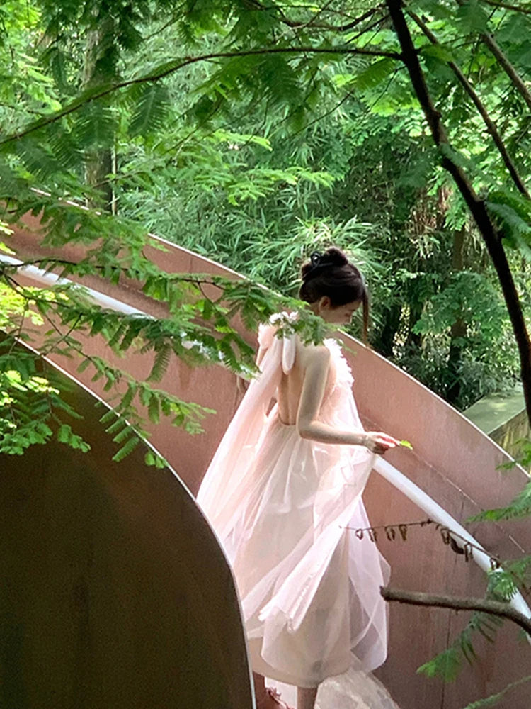 Summer Women Pink Halter Mesh Bow Bandage Long Dresses New Elegant Sleeveless Backless Robe Fashion Slim Ruffles Fairy Sundress