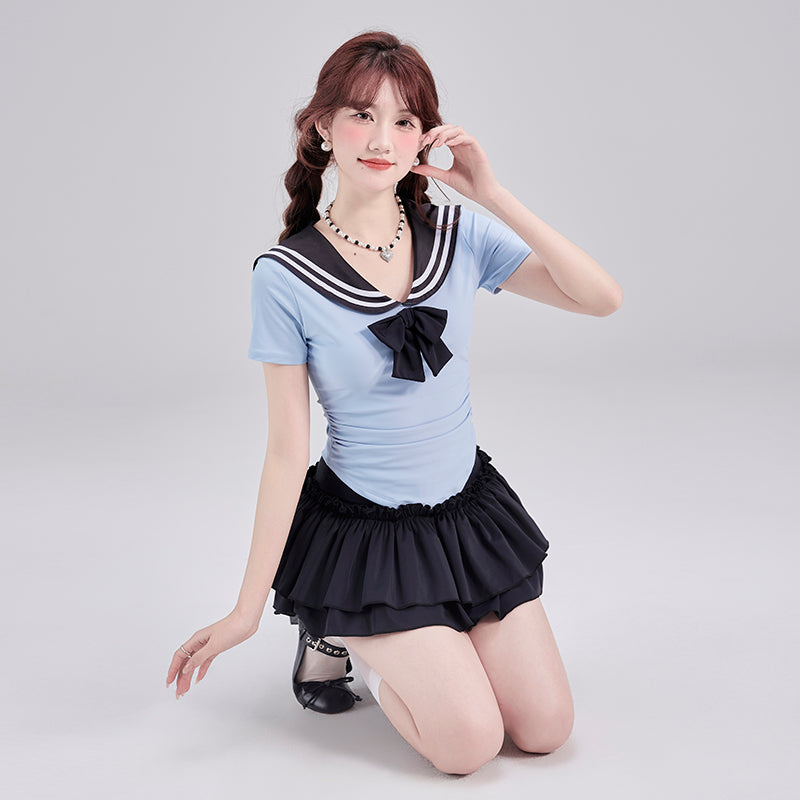 Sailor Collar Bow Tie Pleated Skirt Swimwear Set