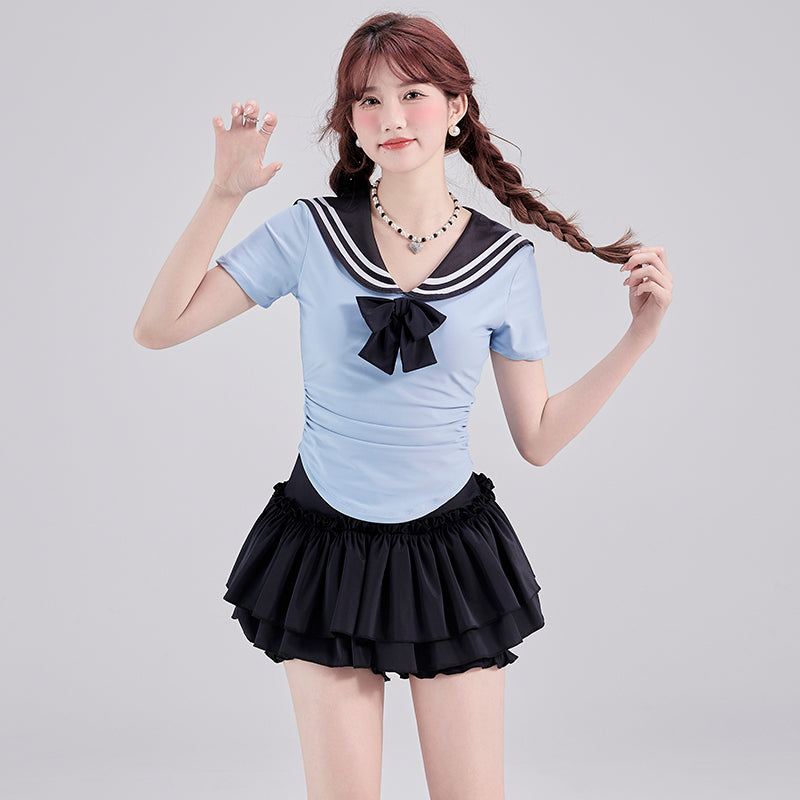 Sailor Collar Bow Tie Pleated Skirt Swimwear Set