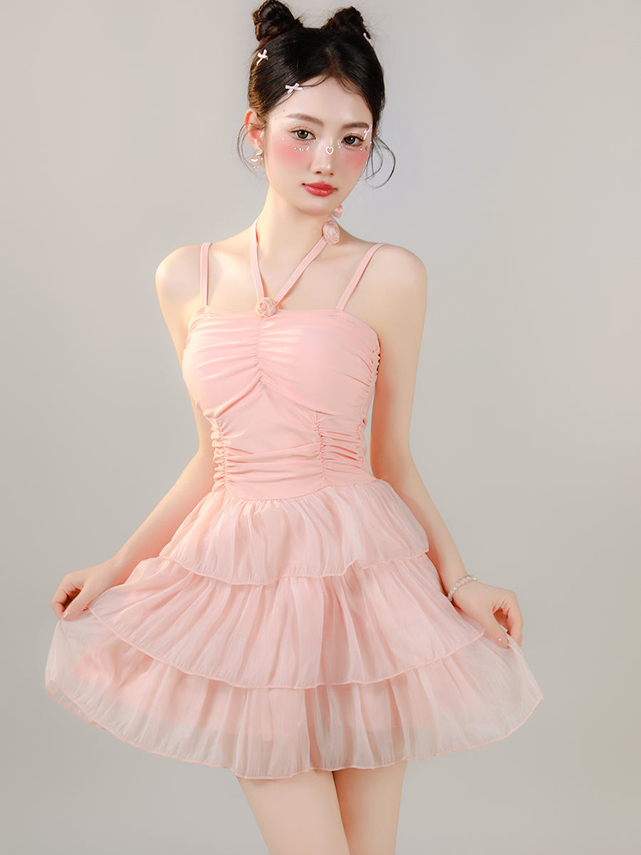 Sweet Layered Tulle Swim Dress with Sheer Bolero in Baby Pink