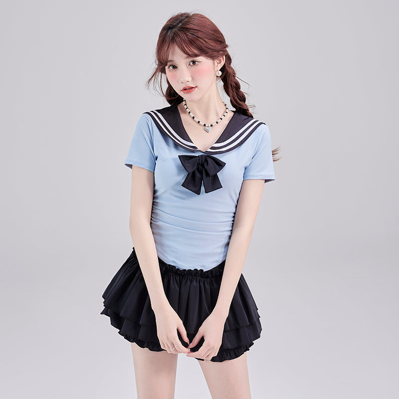 Sailor Collar Bow Tie Pleated Skirt Swimwear Set