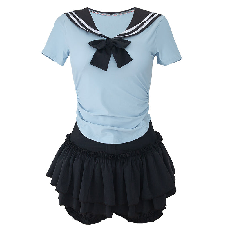 Sailor Collar Bow Tie Pleated Skirt Swimwear Set