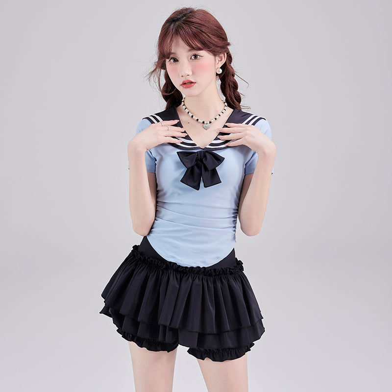 Sailor Collar Bow Tie Pleated Skirt Swimwear Set
