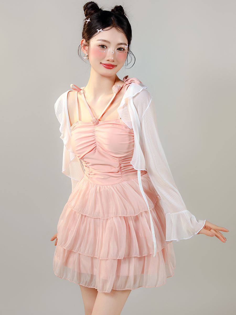 Sweet Layered Tulle Swim Dress with Sheer Bolero in Baby Pink
