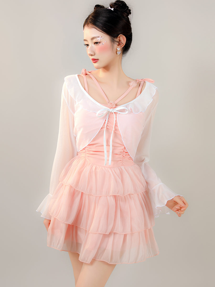 Sweet Layered Tulle Swim Dress with Sheer Bolero in Baby Pink