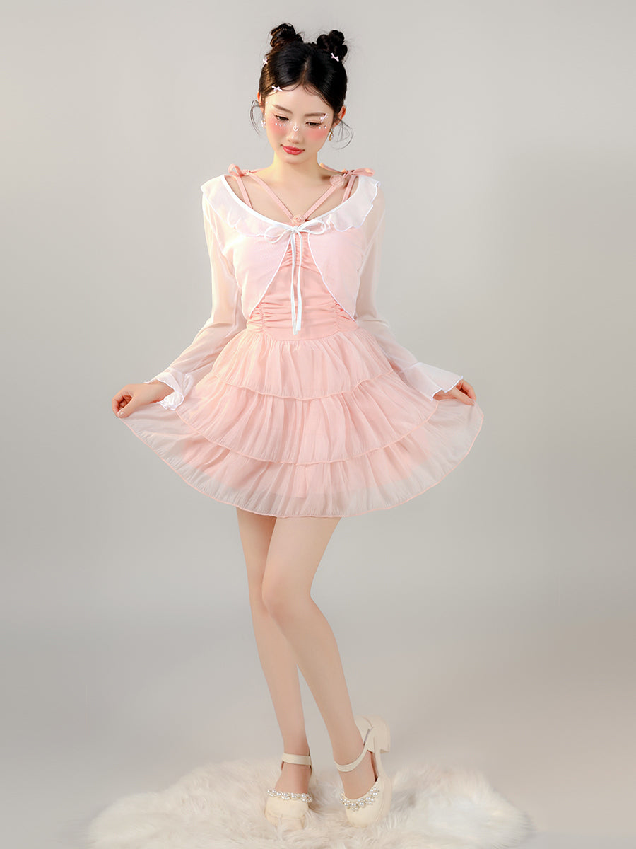 Sweet Layered Tulle Swim Dress with Sheer Bolero in Baby Pink