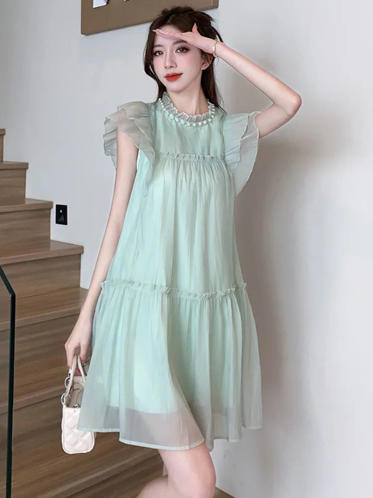 Blue Chiffon Elegant Sweet Dress Women Summer Beach Beading Casual Party Mini Fairy Dress Korean One-piece Dress