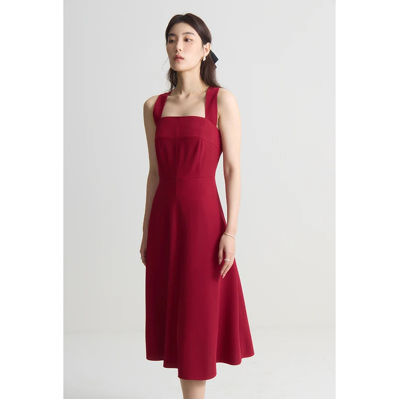 French Style Suspender Dress for Women Summer Chic Style Red Square Collar Slim Mid-length Elegant Dress