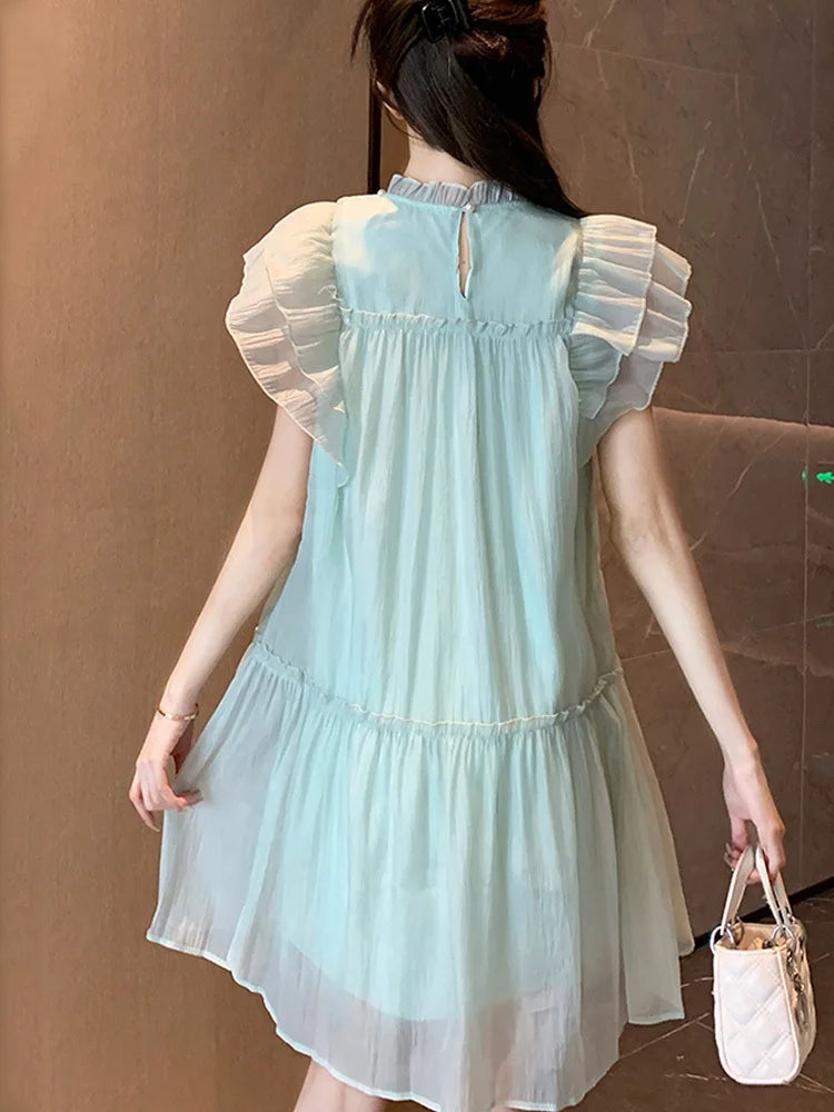Blue Chiffon Elegant Sweet Dress Women Summer Beach Beading Casual Party Mini Fairy Dress Korean One-piece Dress