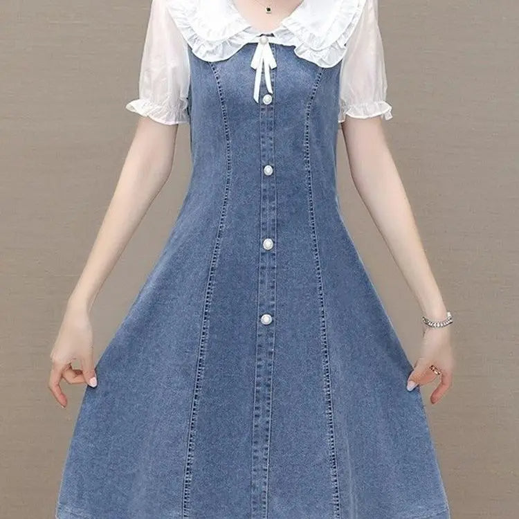Stylish Bubble Sleeve Waist-Cinching Denim Dress