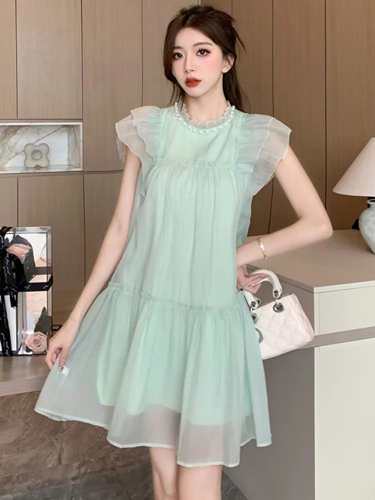 Blue Chiffon Elegant Sweet Dress Women Summer Beach Beading Casual Party Mini Fairy Dress Korean One-piece Dress