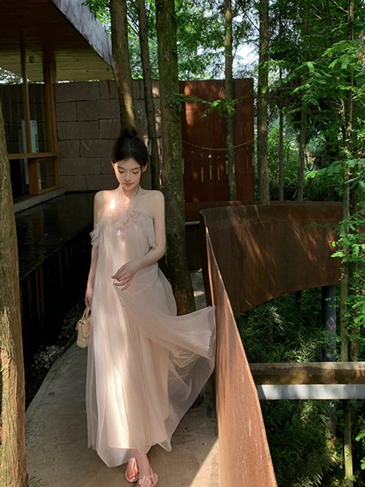 Summer Women Pink Halter Mesh Bow Bandage Long Dresses New Elegant Sleeveless Backless Robe Fashion Slim Ruffles Fairy Sundress