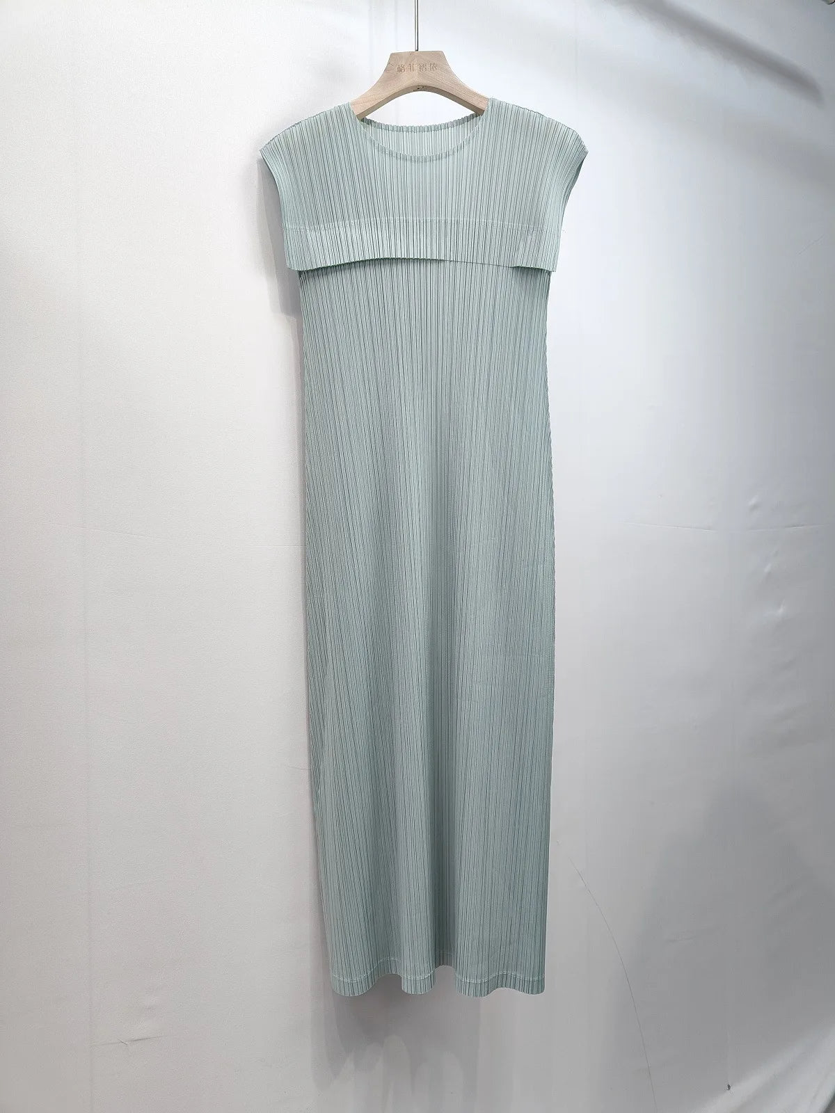 Miyake Pleated Splicing Dress 2025 Spring and Summer New Temperament Round Neck Sleeveless Comfortable Casual Peplum Long Skirt