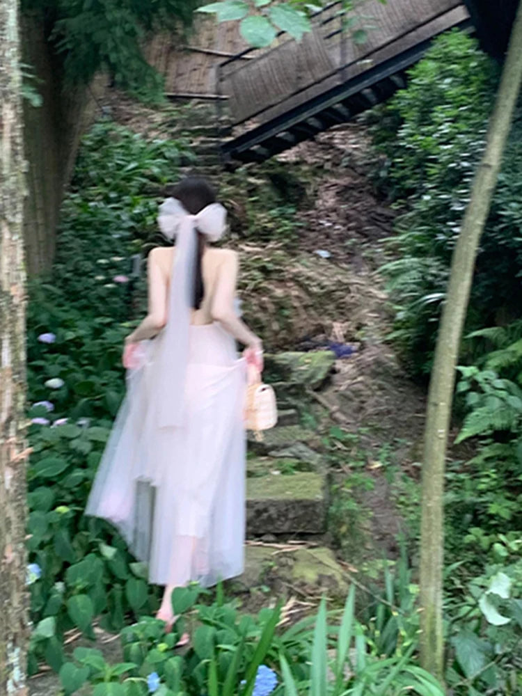 Summer Women Pink Halter Mesh Bow Bandage Long Dresses New Elegant Sleeveless Backless Robe Fashion Slim Ruffles Fairy Sundress